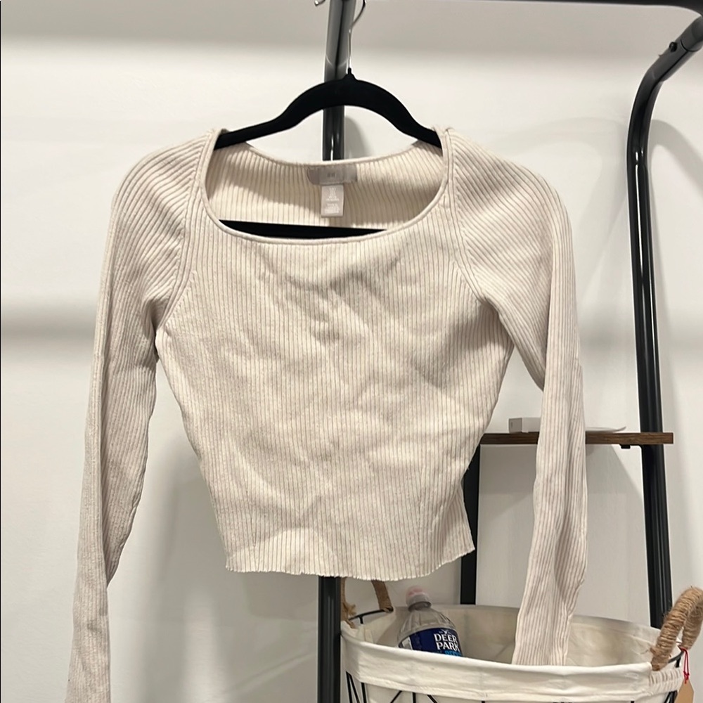Women's Cream Ribbed Long Sleeve Waist- Length Top